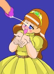 1boy 1girls blue_eyes blush blushing breasts cum cupping_hands ejaculation jermaneels masturbation monica_(jermaneels) open_mouth orange_hair penis sensual_pleasure stroking_penis tongue tongue_out