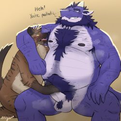 anthro armpit_fetish beard bodily_fluids body_hair dragon duo enyuskii facial_hair genital_fluids hair handjob hi_res hyena male male/male mammal musk mythological_creature mythological_scalie mythology overweight overweight_male penile precum scalie sex size_difference