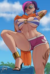 abs armpits athletic athletic_female big_breasts big_thighs biting_lip blue_eyes earrings feet fiora_laurent glasses grabbing grabbing_own_breast huge_breasts huge_thighs league_of_legends light-skinned_female light_skin looking_at_viewer massive_breasts massive_thighs pink_hair pool_party_series purple_hair tattoo thick_thighs thighs xinaelle