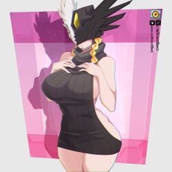 1girls 2026 bandai_namco big_breasts blonde_hair dclaret digimon female female_only hands_on_own_chest helmet hi_res mastemon sideboob solo sweater thick_thighs turtleneck turtleneck_sweater virgin_killer_sweater wide_hips