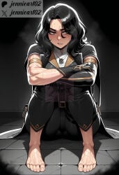 1girl ai_generated arm_strap armlet barefoot belt black_gloves black_hair black_pants blush breasts clothing cracked_floor crossed_arms elbow_gloves english_text feet female full_body gloves hands_on_own_knees jacket jennieart02 jewelry knees_up long_hair looking_at_viewer lune medium_hair muscular muscular_female necklace on_floor pants parted_lips patreon patreon_logo patreon_username pouch red_eyes single_elbow_glove single_glove sitting solo steam steaming_body stone_floor sweat tile_floor tiles toenails toes twitter twitter_username veins watermark wavy_hair web_address