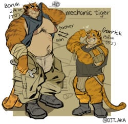 absurd_res age_difference anthro barazoku bedroom_eyes belly belly_hair biceps big_belly big_muscles big_pecs black_body black_fur blue_clothing blue_shirt blue_tank_top blue_topwear body_hair boots bottomwear boxers_(clothing) brown_facial_hair brown_sideburns bulge chest_hair clothed clothing clothing_lift detailed_bulge djtaka duo english_text facial_hair father_(lore) father_and_child_(lore) father_and_son_(lore) felid feline flexing flexing_bicep flexing_both_biceps flexing_muscles flirting flirting_look flirting_with_viewer footwear fur genital_outline green_bottomwear green_clothing green_pants grey_boots grey_clothing grey_footwear grey_shirt grey_tank_top grey_topwear grin grinning_at_viewer hi_res holding_object holding_tool holding_wrench incest_(lore) jockstrap larger_anthro larger_male looking_at_viewer male male/male mammal manly markings mature_anthro mature_male mechanic model_sheet moobs musclegut muscular muscular_anthro muscular_arms muscular_male muscular_thighs narrowed_eyes nipples older_anthro older_male orange_body orange_fur pantherine pants pantsless pantsless_anthro pantsless_male parent_(lore) parent_and_child_(lore) parent_and_son_(lore) pecs penis_outline pose presenting presenting_body presenting_pecs seducing_viewer seductive shirt shirt_lift shoes showing_off_muscles sideburns size_difference smaller_anthro smaller_male smile smiling_at_viewer son_(lore) standing striped_body striped_fur striped_markings striped_tail stripes tail tail_markings tank_top text thick_arms thick_thighs tiger tools topwear underwear whiskers white_boxers white_clothing white_jockstrap white_underwear wrench younger_anthro