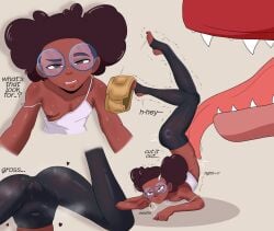 afro axl_vegeta black_woman blush breasts_out devil_dinosaur dinophilia dinosaur excited_female flat_chest flustered glasses lunella_lafayette marvel moon_girl moon_girl_and_devil_dinosaur nipples small_breasts tank_top tongue tyrannosaurus_rex wet