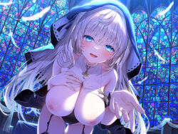 1girl :d bare_shoulders black_garter_straps black_thighhighs blonde_hair blue_eyes blush bodysuit breasts church covered_navel detached_collar detached_sleeves dutch_angle feathers fingernails garter_straps groin hair_between_eyes hair_over_shoulder hand_on_own_chest highres indoors large_breasts leaning_forward long_hair long_sleeves looking_at_viewer navy_(navy.blue) nipples no_bra nun nun's_habit nun_headdress original outstretched_hand sidelocks smile solo standing thigh_gap thighhighs wide_sleeves