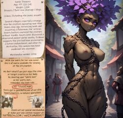 ai_generated anime average_breasts bdsm bondage bounty_hunters chains edited ent fantasy female fictional market medium_breasts naked nude photoshop purple_eyes purple_leaves roleplay slave slavegirl slavery tree waifu waifumarket wooden_skin