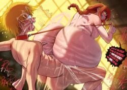 1boy 1girls after_anilingus after_rimming anus_hint ass ass_crack astroodragon big_ass butt_crack buttcrack_pigmentation chainsaw_man collar dark_crack denji_(chainsaw_man) dirty_talk female femdom intergluteal_cleft leash leash_pull makima_(chainsaw_man) male male_penetrating red_hair text vaginal_penetration