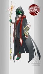 claws cloak gauntlet green_skin hair_over_one_eye hood kilkan original_character original_characters_only red_eyes sandals staff teeth