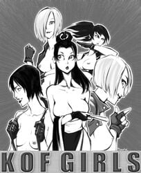 5girls angel_(kof) blue_mary breast_hold breasts elbowing evilash fan fatal_fury female fingerless_gloves freideugoi gloves grin hair_over_one_eyes human japanese_clothes kimono king_of_fighters large_breasts leona_heidern lips lipstick long_hair mai_shiranui monochrome multiple_girls nipples pointy_chin ponytail short_hair smile snk suspenders tied_hair topless vanessa_(kof) vest