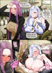2d 2girls 2koma alternate_breast_size apron ashenmash bare_shoulders bedroom_eyes big_breasts biting_lip black_choker black_turtleneck blood blood_on_lip blowjob blue_eyeshadow blue_tongue blush blush_lines blushing breasts breasts_bigger_than_head breasts_out breasts_squeezed_together choker color cum cum_in_mouth denim denim_bottomwear detached_sleeves dialogue drinking_cum english_text eyes_half_open eyes_rolling_back eyeshadow fate/grand_order fate_(series) fellatio forked_tongue fully_clothed futa_on_female futanari futanari/female grey_dress grey_sweater hair_over_one_eye heart_symbol hebinyobo_(fate_grand_order) hebinyobo_(second_ascension) huge_breasts indoors inverted_nipples jeans lipstick long_hair makeup medusa_(fate) motion_lines neckwear omi-san_(fate) paizuri paizuri_fellatio paizuri_lead_by_female penis penis_between_breasts pikipiesan pink_areola pleasure_face purple_hair red_eyes seductive_look shop slit_pupils smile snake_tongue speech_bubble spoken_heart storefront stress_relief sweater_dress tongue_around_penis tongue_out_blowjob tongue_wrap tongue_wrapped_around_penis topless topless_female topwear topwear_removed tremble_lines trembling turtleneck turtleneck_sweater white_hair yellow_eyes yuri