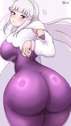 annoyed ass_focus blish bodysuit curvy emilia_(re:zero) flying_sweatdrops from_behind huge_ass huge_breasts looking_back pout re:zero_kara_hajimeru_isekai_seikatsu skin_tight thick_thighs voluptuous wide_hips