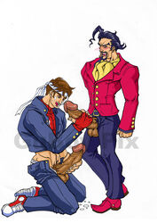 2boys capcom clothes color erection fellatio gay genderbend genderswap genderswap_(ftm) guboy handjob human kneeling male male/male male_only oral penis rose_(street_fighter) rule_63 sakura_kasugano side_view standing street_fighter testicles white_background yaoi