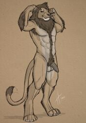 2017 absurd_res anthro armpit_hair balls body_hair closed_smile dated erection felid full-length_portrait genitals hi_res hufnaar lion looking_at_viewer male male_anthro mammal mane monochrome mouth_closed muscular muscular_anthro muscular_male nude pantherine penile_spines penis portrait pubes simple_background smile solo standing