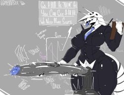 accessory aggron anthro big_breasts big_penis breasts clipboard clothing curvy_figure dialogue gayplantsex generation_3_pokemon genitals gynomorph hi_res hourglass_figure huge_penis hyper hyper_genitalia hyper_penis intersex long_penis mrs._sterling_(aggron) necktie nintendo office_clothing penis pokemon pokemon_(species) solo suit tongue tongue_out very_long_penis