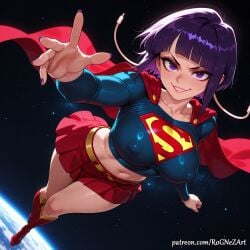 1girl 2026 ai_generated anime bangs belt blunt_bangs boku_no_hero_academia boobs boots breasts cape cleavage clenched_hand collarbone covered_nipples crop_top crossover eye_contact female female_focus floating grin highres huge_breasts jirou_kyouka knee_boots kyoka_jiro large_breasts long_sleeves looking_at_viewer midriff miniskirt my_hero_academia nail_polish navel nipple_bulge nsfw patreon patreon_username planet pleated_skirt purple_eyes purple_hair purple_nails red_cape red_footwear red_skirt rognezart shiny short_hair skirt smile smiling solo space superhero thick_thighs thighs