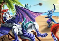 2_penises absurd_res animal_genitalia animal_penis beach beach_chair blue_body bottomwear claws clothing collar covering covering_crotch covering_erection covering_penis crowd dragon embarrassed embarrassing_nudity erection exhibitionism feral fur furred_dragon furred_scalie galma galma_(character) genital_slit genitals group hair hemipenes hi_res light membrane_(anatomy) multi_genitalia multi_penis mythological_creature mythological_scalie mythology nude palm_tree penis plant public purple_body red_hair scalie sea shorts sky skyscape solo_focus sport spread_wings subsurface_scattering sun sunlight takkju tapering_penis tree trio volleyball water white_body white_hair wings