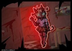 absurd_res anthro antlers blood bloody_footprint blush bodily_fluids bottomwear cleaver_(knife) clothed clothing cutlery deer domestic_cat excessive_blood felid feline felis female fingers footprint fur gesture glistening glistening_body glowing hair hi_res hide_and_seek holding_object holding_weapon hooves horn horror_(theme) hybrid khalfy_kun kitchen_knife kitchen_utensils knife looking_at_viewer mammal markings melee_weapon shirt skirt smile solo sweater tools topwear waving waving_at_viewer weapon