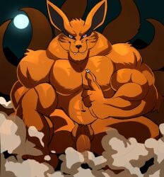 2025 absurd_res anthro balls biceps big_muscles canid canine crouching darknaigart deltoids fangs fox fox_spirit front_view full_moon fur genitals hi_res kurama looking_at_viewer male mammal moon multi_tail muscular muscular_anthro muscular_male naruto night nude_anthro nude_male orange_body orange_fur pecs penis solo tail tailed_beast teeth trapezius