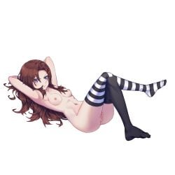 1girl absurdres bare_shoulders breasts brown_hair commission commissioner_upload crossed_legs dusk_(wayanfa) full_body hair_ornament highres kiauwrenn long_hair looking_at_viewer lying navel nipples non-web_source nude original pink_eyes pout puffy_cheeks pussy small_breasts solo thighhighs thighs transparent_background