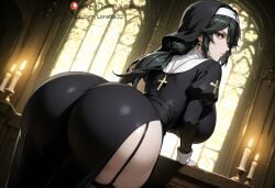 1girl ai_generated ass ass_focus bent_over big_ass big_breasts black_hair brown_eyes church cross curvy fishnets garter_straps goth infinite_stratos light-skinned_female loratta low_ponytail nun nun_outfit orimura_chifuyu tagme thick_thighs wide_hips