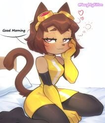 ai_assisted ai_generated anthro blush brown_hair cat_girl curvy feline female kit_(gameoverse) kit_bodega original_character pink_eyes sitting_on_bed solo speech_bubble tail thick_thighs