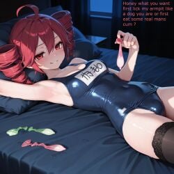 1girls ai_generated armpit_fetish armpits asukasslave bed bedroom cleavage condom cuckold cuckold_pov femdom femdom_caption glasses holding_used_condom kasane_teto laying_on_bed netorare netorase school_swimsuit smirk solo stockings sweat used_condom