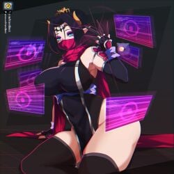 1girls 2026 bandai_namco big_breasts black_hair black_thighhighs blue_eyes dclaret demon_girl demon_horns digimon female female_only forehead_mark hair_ornament hi_res horns kunoichi lilithmon looking_at_viewer mouth_mask purple_eyeshadow scar seven_great_demon_lords sitting solo thick_thighs thighhighs