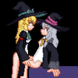 aizawa_azusa animated animated_gif blonde_hair blush bottomless elaina_(majo_no_tabitabi) futa_with_female futanari green_eyes hat implied_futanari majo_no_tabitabi original pixel_art purple_eyes sex slime_taoshite_300_nen_shiranai_uchi_ni_level_max_ni_nattemashita vaginal white_hair wyster1a yuri