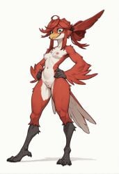 1girl 1girls 2026 ai_generated anthro avian bird breasts crabsensei female female_only furrification furry gachiakuta hands_on_hips mammal nipples nude pussy red_body red_feathers red_hair riyou_reaper simple_background solo solo_female standing tagme white_background