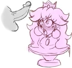 1boy 1girls 2023 2d big_earrings bust_(sculpture) crown earrings erection eyebrows_visible_through_hair female heart-shaped_pupils imminent_oral long_hair looking_at_penis male mario_(series) mario_party mario_party_5 nintendo open_mouth partial_male penis penis_awe princess princess_peach princesskari sculpture simple_background statue straight what white_background