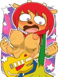 1girls 2026 2d blush blush_lines blushing blushing_female bodily_fluids breasts breasts_out female flustered guitar hair ketsumoa lammy_lamb nipples parappa_the_rapper purple_eyes red_hair shirt_lift solo sweat um_jammer_lammy