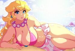 1girls benbeau big_breasts bikini bikini_top blonde_hair blue_eyes blush breasts busty child_bearing_hips crown curvaceous female female_focus hair large_breasts lips looking_back lying mario_(series) nintendo outdoors pink_bikini pink_lipstick ponytail pose posing princess_peach sarong sideboob sky smile solo_focus standing swimsuit swimwear thick_thighs wide_hips