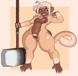 absurd_res anthro arm_tuft armpit_hair athletic athletic_female aylean_(ysirieanart) belly big_butt body_hair butt cel_shading chest_tuft claws dark_body dark_nipples dark_skin digital_drawing_(artwork) digital_media_(artwork) ear_piercing feet female flat_chested fur genitals green_piercing hair hammer haplorhine hi_res huge_butt huge_hips huge_thighs lips long_hair long_tail mammal monkey multicolored_body multicolored_fur navel nude organs pecs piercing prehensile_feet prehensile_tail primate pubes shaded short shortstack shoulder_tuft simple_background smile solo stomach tail tan_body tan_fur thick_thighs toes tools tuft two_tone_body two_tone_feet two_tone_fur two_tone_hands two_tone_tail vulva wide_hips yellow_eyes ysirieanart