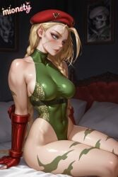 1girl abs ahoge ai_generated antenna_hair arms_up artist_name bed bed_sheet beret bikini biting_own_lip blonde_hair blue_eyes blush bodypaint bra braid breasts cammy_white camouflage collarbone combat_boots fingerless_gloves from_above full_body gloves green_leotard green_panties hat huge_ahoge indoors large_breasts lips long_hair looking_at_viewer low_twin_braids lying medium_breasts mionety navel nipples nose nose_blush on_back on_bed panties parted_lips pillow red_gloves red_hat scar scar_on_cheek scar_on_face shiny_skin solo stomach street_fighter street_fighter_6 street_fighter_ii_(series) sweat thick_thighs thigh_gap thighs twin_braids underwear underwear_only