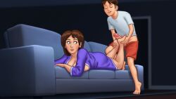 1boy 1boy1girl 1girls 2d_(artwork) balls barefoot big_breasts blush blushing breasts brown_hair cleavage closed_eyes clothed clothing couch darkcookie debbie_(summertime_saga) digital_drawing_(artwork) digital_media_(artwork) erect_penis erection feet feet_up foot_fetish footjob imminent_footjob laying_down laying_on_stomach light-skinned_female light_skin main_character_(summertime_saga) milf on_couch on_stomach penis penis_out robe shorts shorts_down smile smiling soles summertime_saga surprised surprised_expression thick_thighs