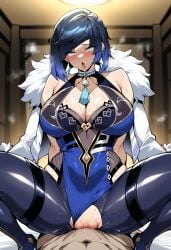 1boy 1girl ahegao ai_generated bangs bare_shoulders black_hair blue_dress blue_eyes blue_hair blue_leotard blush bob_cut breasts cleavage cleavage_cutout clothed_female_nude_male clothed_sex clothing clothing_cutout cowgirl_position diagonal_bangs dice dress earrings female fur-trimmed_jacket fur_trim genshin_impact girl_on_top green_eyes hetero jacket jacket_on_shoulders jewelry large_breasts leotard male mole mole_on_breast multicolored_hair neck_ring neck_tassel novart01 nude on_top open_mouth pants pantyhose penis pussy rolling_eyes sex short_hair solo_focus spread_legs squatting_cowgirl_position straddling sweat tassel thighs tight_pants tongue tongue_out torn_clothes torn_pants two-tone_hair vaginal white_jacket yelan_(genshin_impact)