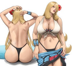 1girls absurdres ass back backboob bikini blonde_hair breasts cynthia_(pokemon) cynthia_(summer_2025)_(pokemon_masters) flower hair_flower hair_ornament hair_over_one_eye highleg highleg_bikini highres large_breasts long_hair multiple_views navel nintendo one_eye_covered pokemon pokemon_dppt red_flower solo swimsuit topless_female very_long_hair wasabishouyu