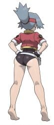 1girls ass barefoot belt belt_pouch birilillo black_gloves black_leotard blue_hair clothing cropped_jacket fanny_pack feet female fingerless_gloves from_behind full_body gloves grey_hair hair_tie hands_on_own_hips headband jacket kneepits legs leotard pantsu pokemon pokemon_ranger ponytail pouch red_headband red_jacket short_hair short_sleeves simple_background solana_(pokemon) soles solo standing tiptoes toes underwear white_background