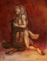 anthro australian_shepherd bluari canine couple cuddling dog duo eye_contact fur furry furry_only hug love male male_only mammal multiple_males nude sheath white_wolf yaoi