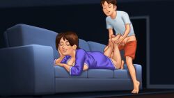 1boy 1boy1girl 1girls 2d_(artwork) animated_gif balls barefoot big_breasts biting_lip blush blushing breasts brown_hair cleavage closed_eyes clothed clothing couch darkcookie debbie_(summertime_saga) digital_drawing_(artwork) digital_media_(artwork) erect_penis erection feet feet_up foot_fetish footjob gif laying_down laying_on_stomach light-skinned_female light_skin looking_pleasured loop looping_animation main_character_(summertime_saga) milf on_couch on_stomach penis penis_out pleasure_face robe shorts shorts_down soles stroking stroking_cock stroking_penis summertime_saga thick_thighs