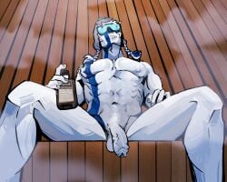 1boy abs alcohol citrioli countryhumans finland_(countryhumans) finnish flaccid foreskin foreskin_folds goggles legs_apart lip_piercing muscular_female muscular_legs naked_male nipples pectorals pubic_hair sauna sauna_bench snakebite_piercing sweatdrop winter_hat worms-eye_view