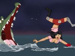 1animal 1girls arms_spread ass ass_visible_through_clothes black_hair boots captain_hook cleavage comeuppance crocodile damsel_in_distress disney_villains fair_skin female_prey genderswap genderswap_(mtf) green_eyes head_down_ass_up hook hook_hand imminent_vore indecentlasses long_hair midriff_baring_shirt mshook nervous ocean one_shoe panties_visible_through_clothing peril peter_pan_(disney) pirate pirate_girl reptile rule_63 scared socks tick-tock tick_tock tick_tock_crocodile torn_clothes torn_pants torn_shirt villainess vore water