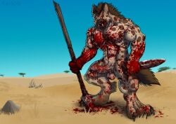 4_toes 5_fingers abs anthro balls barbell_piercing big_balls big_penis black_nose blood blood_covered blood_on_arm blood_on_balls blood_on_chest blood_on_face blood_on_foot blood_on_ground blood_on_hand blood_on_knife blood_on_leg blood_on_neck blood_on_object blood_on_penis blood_on_spear blood_on_weapon blood_soaked_fur blood_splatter bodily_fluids bone_piercing brown_hair circular_barbell_piercing claws digitigrade ear_piercing erection excessive_blood facial_piercing feet finger_claws fingers frenum_ladder frenum_piercing fur genital_piercing genitals gnoll grin hair hi_res hindpaw holding_knife holding_melee_weapon holding_object holding_polearm holding_spear holding_weapon humanoid_hands hyena knife ladder_piercing male mammal markings melee_weapon muscular muscular_anthro muscular_male nature navel nipple_piercing nipples nose_piercing nude nude_anthro nude_male outdoor_nudity outside paws pecs penis penis_piercing piercing polearm prince_albert_piercing savanna septum_circular_barbell septum_piercing shoulder_piercing smile solo spear spots spotted_body spotted_fur standing tahou tail tan_body tan_fur teeth toe_claws toes tribal vein veiny_penis weapon