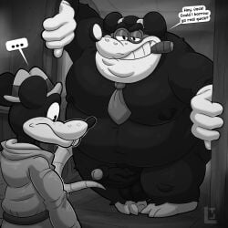 2026 accessory anthro balls belly big_belly cigar cigar_in_mouth cornelius_stilton detailed_background dialogue duo ellipsis english_text erection eyewear genitals glasses hi_res humanoid_genitalia humanoid_hands humanoid_penis jack_pepper_(mouse) leothelionel male male/male mammal moobs mouse mouse:_p.i._for_hire murid murine navel necktie nipples overweight overweight_male penis rat rodent smoking standing text