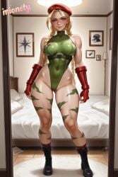 1girl abs ahoge ai_generated antenna_hair artist_name ass_visible_through_thighs bare_shoulders bed bedroom belt beret black_belt black_footwear blonde_hair blue_eyes bodypaint boots braid breasts cammy_white camouflage chest_harness closed_mouth combat_boots covered_abs covered_navel covered_nipples door doorway fingerless_gloves full_body gloves green_leotard groin harness hat highleg highleg_leotard huge_ahoge indoors large_breasts leotard lips long_hair looking_at_viewer medium_breasts mionety mirror muscular muscular_female nose on_bed pillow red_gloves red_hat scar scar_on_cheek scar_on_face sleeveless smile socks solo standing street_fighter street_fighter_ii_(series) street_fighter_v thick_thighs thighs thong_leotard toned twin_braids very_long_hair wide_hips