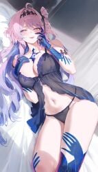 1girls black_lingerie denia_(wuthering_waves) female lingerie long_hair lying lying_on_bed lying_on_side pink_hair purple_eyes wuthering_waves