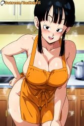 1girls ai_generated apron ass ass_focus black_hair breasts cameltoe cheating cheating_wife chichi curvy curvy_figure dolphin_shorts dragon dragon_ball dragon_ball_super dragon_ball_z glasses grin huge_ass huge_breasts kitchen long_hair mature_female mother netorare ntr smile thong zadbhell