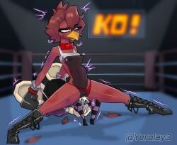 abdominal_bulge anthro avian bear bird bodily_fluids boots bow_tie boxing_gloves breasts canary clothed clothing cum cum_in_vagina cum_inside defeated digital_drawing_(artwork) digital_media_(artwork) duo female femboy fight fighting_ring finch footwear genital_fluids hair handwear hi_res k.o. legwear machine male male/female mammal oscine partially_clothed passerine penetration red_body red_hair robot sex shoes small_breasts stockings vaginal vaginal_penetration xavi_(yerolay) yerolay