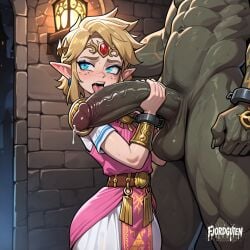 2boys ahegao ai_generated artist_name blonde_hair blowjob blue_eyes blush cock_worship cosplay crossdressing crown dark_skin_penis detailed_background drooling dungeon femboy fjordguten freckles ganondorf handcuffs highres holding_penis huge_balls huge_male huge_penis hyper_muscle indoor large_penis licking_penis link link_(ocarina_of_time) muscular_male open_mouth oral oral_sex pointy_ears princess_dress prisoner restrained shiny_skin sissy size_difference stone_walls sweat sweaty the_legend_of_zelda tongue_out torch trap wet_skin white_dress wrist_cuffs