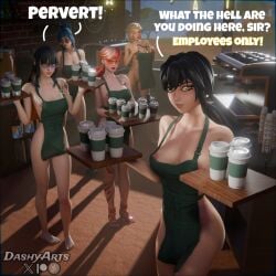 2026 3d 3d_(artwork) 5girls alternate_breast_size apron_only barista black_hair blender blonde blonde_female blonde_hair blue_hair cat_holloway_(fortnite) coffee coffee_shop countess_daraku_(fortnite) dashyarts embarrassed_nude_female embarrassing_outfit epic_games fangs female female_focus female_only fortnite fortnite:_battle_royale freckles freckles_on_face green_eyes helsie_(fortnite) hope_(fortnite) light-skinned_female light_skin looking_over_eyewear looking_over_sunglasses no_underwear nude nude_female red_hair redhead sabina_(fortnite) shadow sunglasses text text_version tinted_eyewear watermark