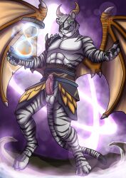 abs absurd_res anthro claws erection felid front_view fur genitals glistening glistening_eyes green_eyes hair hi_res horn hourglass_(object) hufnaar humanoid_genitalia humanoid_penis hybrid_genitalia hybrid_penis looking_at_viewer magic_user male male_anthro mammal markings membrane_(anatomy) membranous_wings muscular muscular_anthro muscular_male pantherine pecs penile_spines penis smile solo standing striped_arms striped_body striped_fur striped_legs striped_markings striped_tail stripes tail tail_markings tan_wings tiger white_body white_fur white_hair wing_claws wings yellow_horn